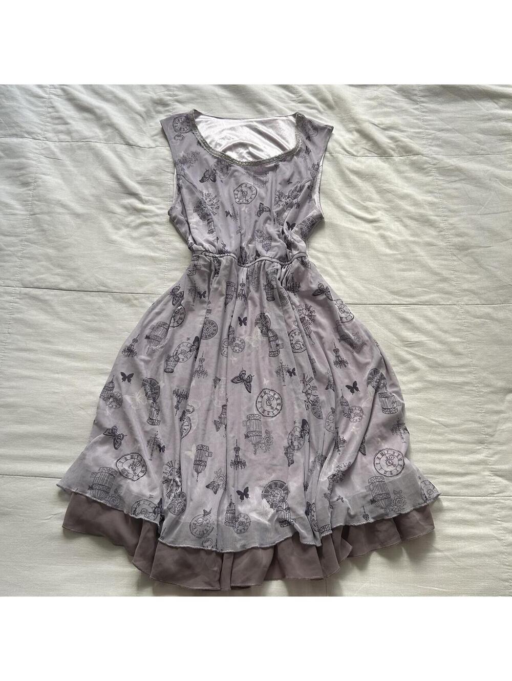 Axes Femme Lavender Clock Butterfly Print Layered Hem Dress M Japan
